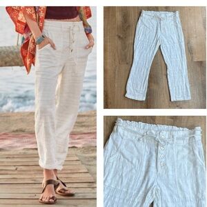 Sundance Coastline White Pants petite small 100%Cotton Stretch Waist Beachy Boho